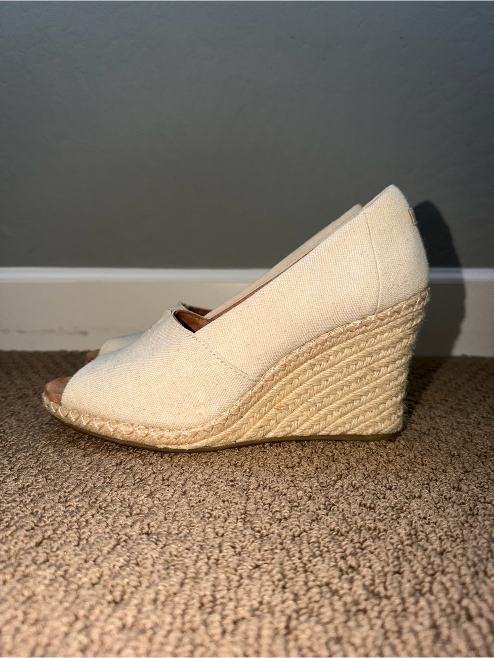 Toms Cream Canvas Espadrille Peep-Toe Wedge